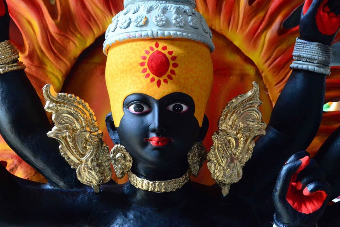 Idol of goddess Durga in a puja pandal ahead of Durga Puja at Dhantoli